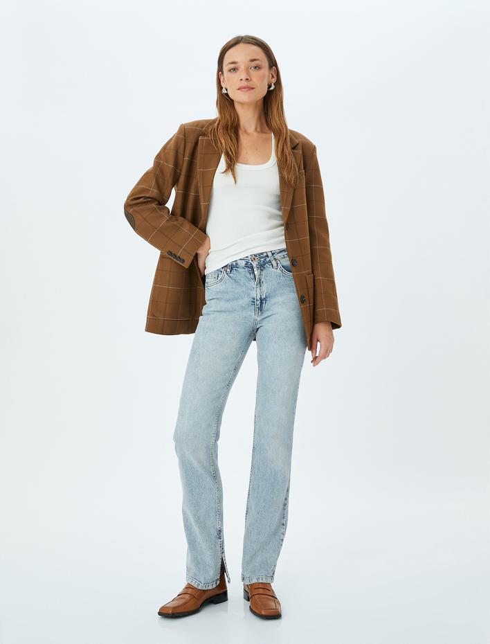  Yüksek Bel İspanyol Paça Skinny Fit Düğmeli Yırtmaç Detaylı Kot Pantolon - Slim Flare Jean