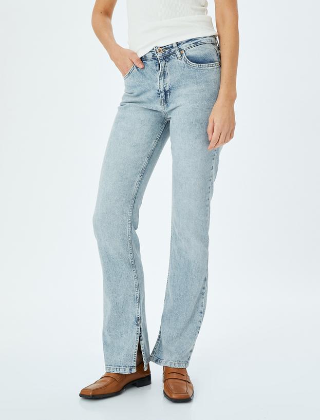 Yüksek Bel İspanyol Paça Skinny Fit Düğmeli Yırtmaç Detaylı Kot Pantolon - Slim Flare Jean_2