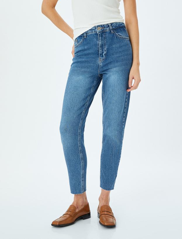 Yüksek Bel Bol Kalıp Düz Paça Düğmeli Cepli Pamuklu Kot Pantolon - Mom Jean_2