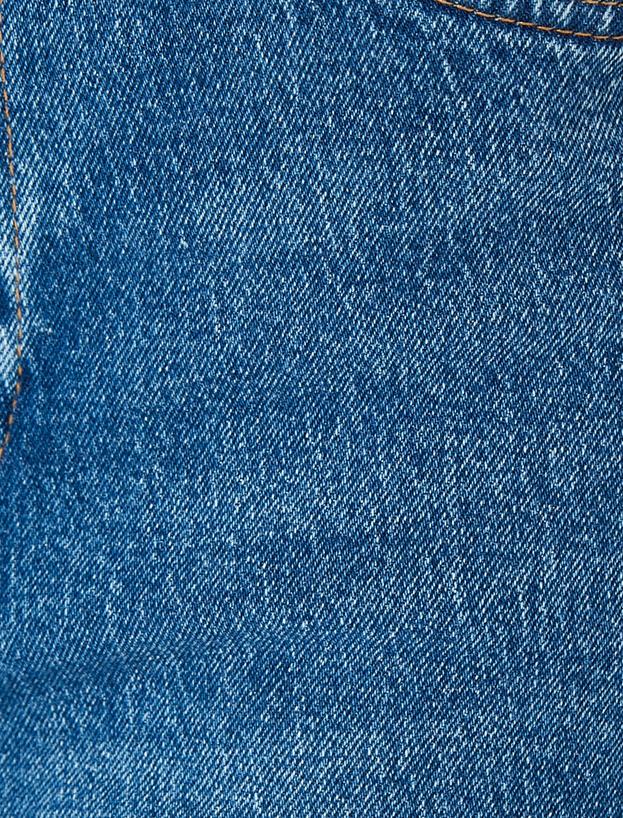 Yüksek Bel Bol Kalıp Düz Paça Düğmeli Cepli Pamuklu Kot Pantolon - Mom Jean_5