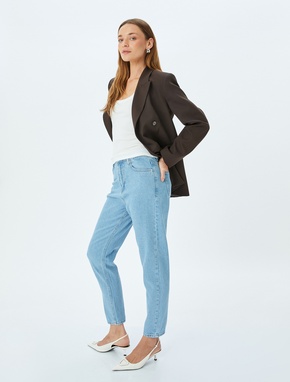 Yüksek Bel Bol Kalıp Düz Kısa Paça Düğmeli Cepli Pamuklu Kot Pantolon - Mom Jean_1