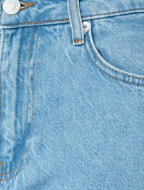 Yüksek Bel Bol Kalıp Düz Kısa Paça Düğmeli Cepli Pamuklu Kot Pantolon - Mom Jean_5