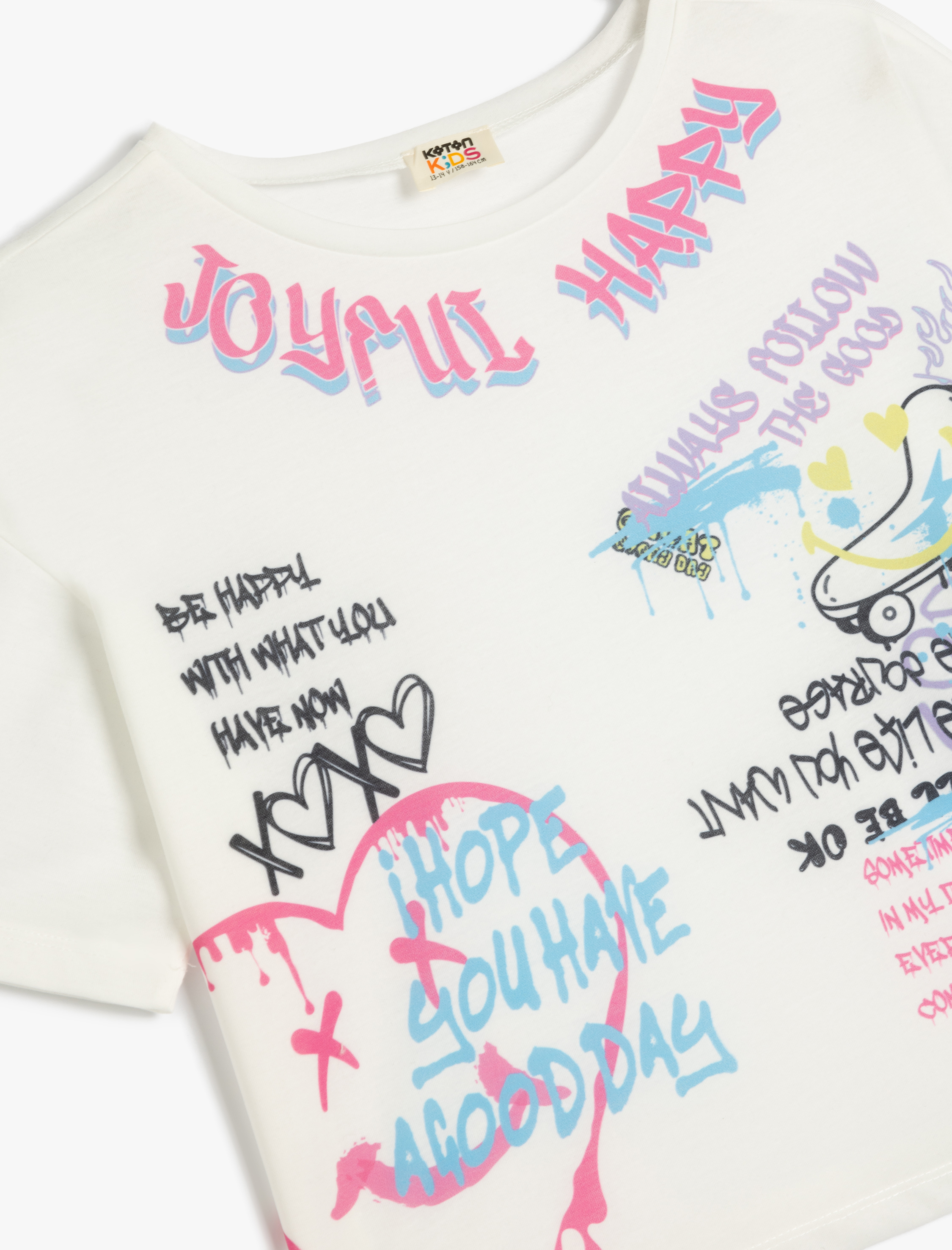  Kız Çocuk Grafiti Baskılı Crop Tişört Kısa Kollu Bisiklet Yaka