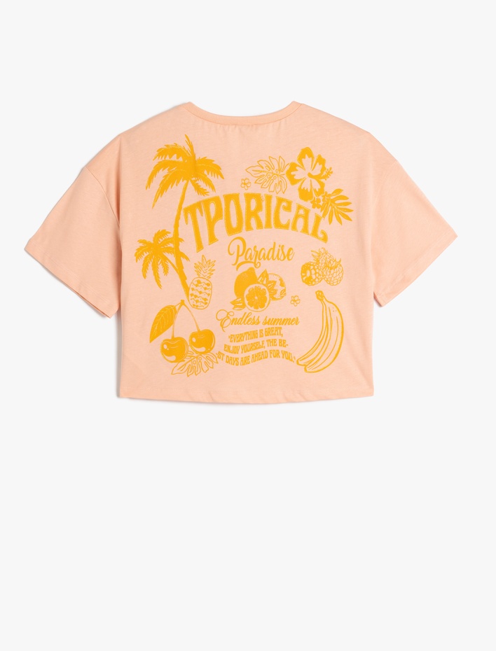 Kız Çocuk Tropik Baskılı Crop Tişört Kısa Kollu Bisiklet Yaka