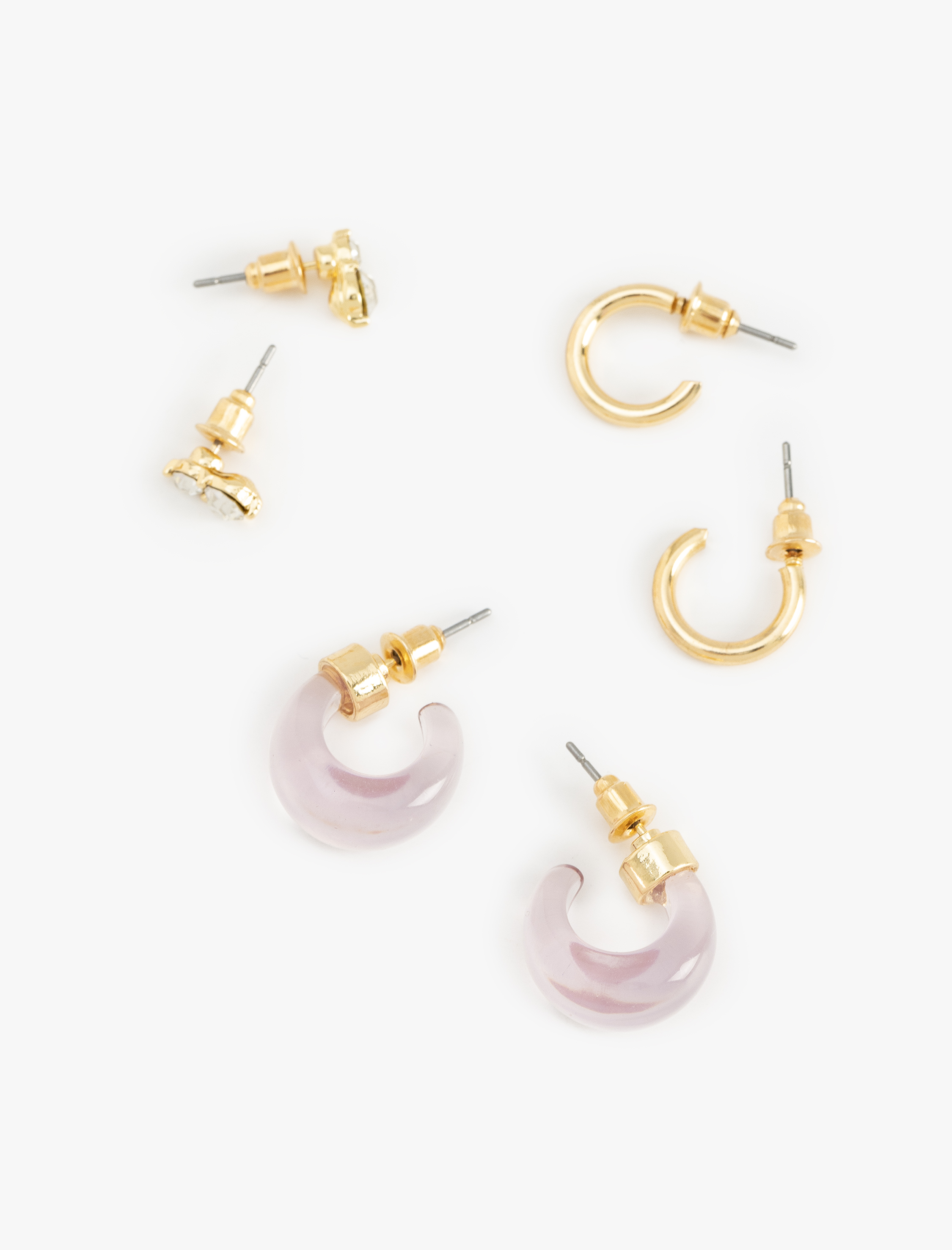  Kadın Çelik Karışımlı Taş Detaylı 3'lü Top ve Halka Küpe Seti