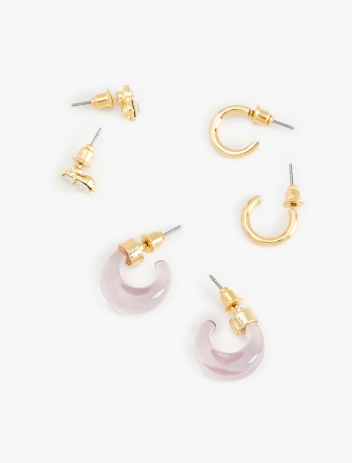 Kadın Çelik Karışımlı Taş Detaylı 3'lü Top ve Halka Küpe Seti