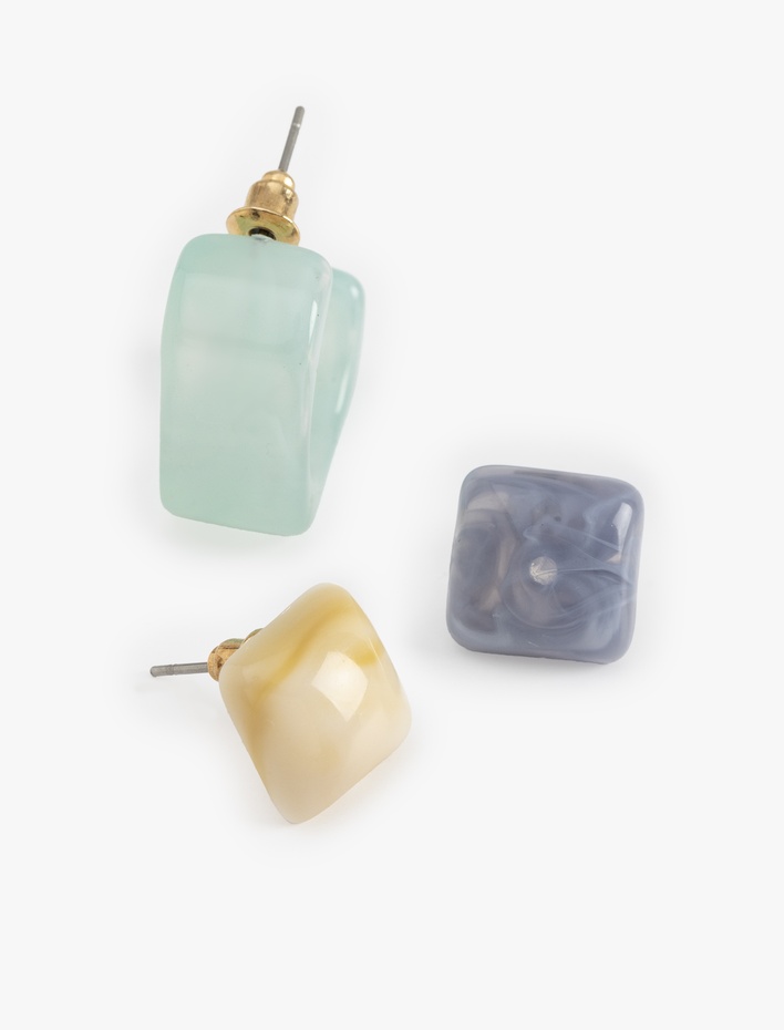 Kadın Çelik Karışımlı 3'lü Çok Renkli Geometrik Top ve Halka Küpe Seti