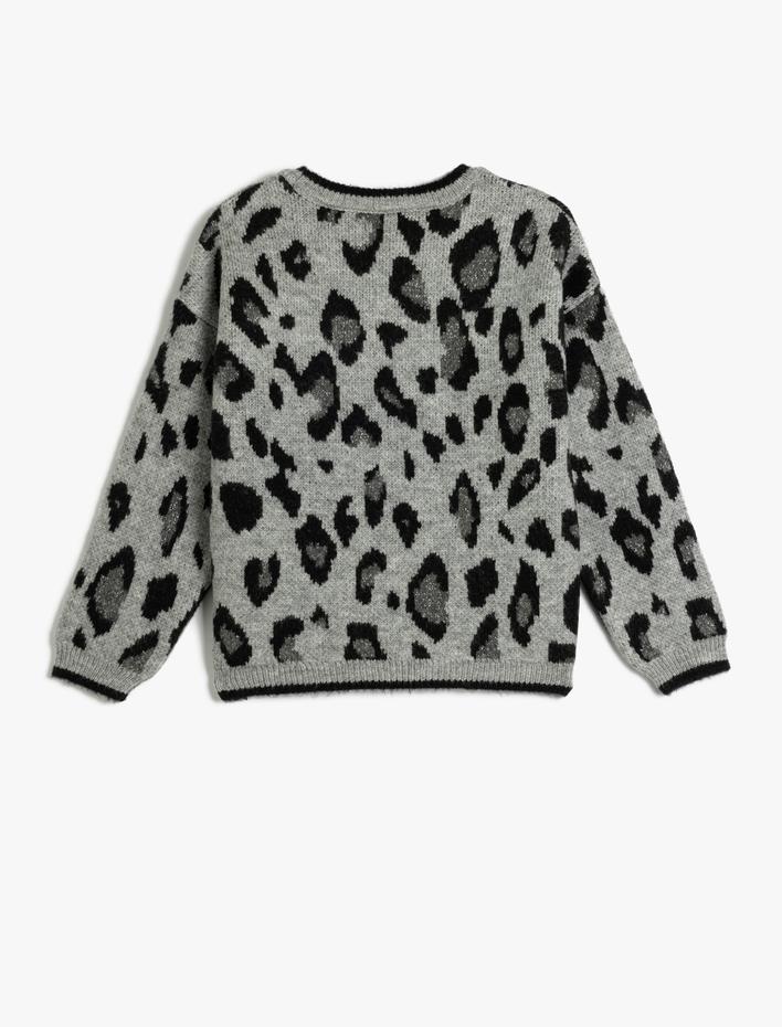 Kız Çocuk Uzun Kollu Bisiklet Yaka Leopar Desenli Triko Kazak