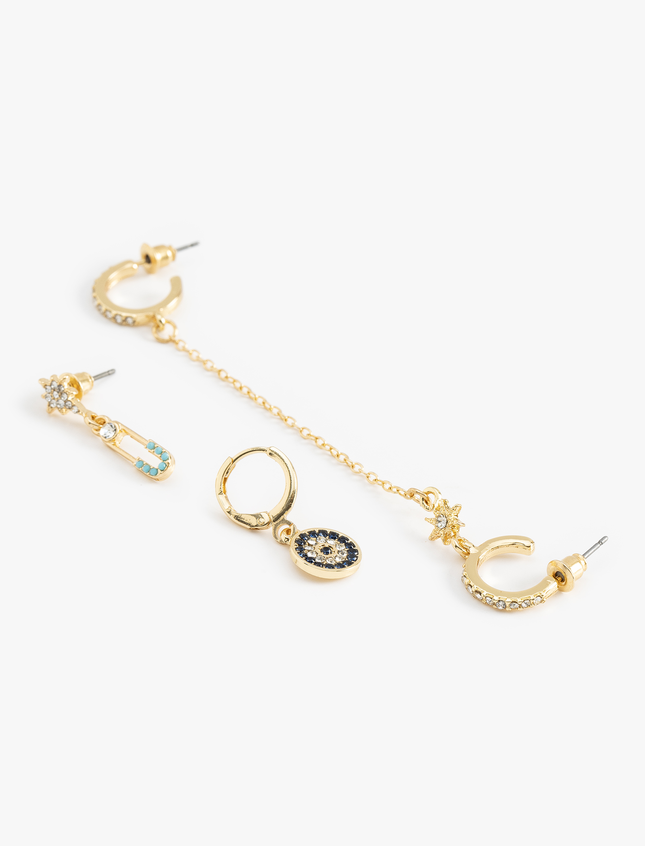  Kadın Taş Detaylı Nazar Boncuklu Zincirli 3'lü Küpe Seti