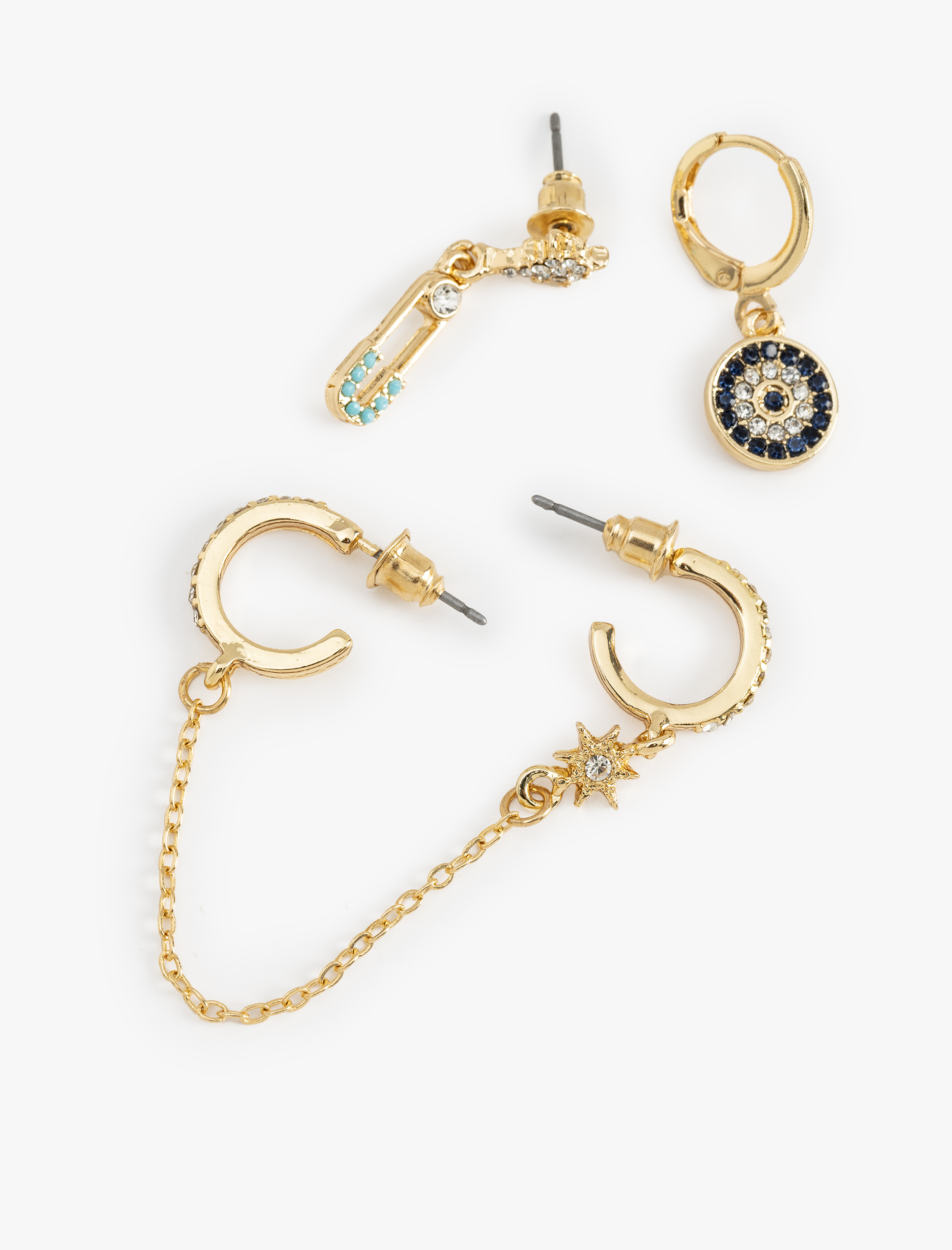  Kadın Taş Detaylı Nazar Boncuklu Zincirli 3'lü Küpe Seti