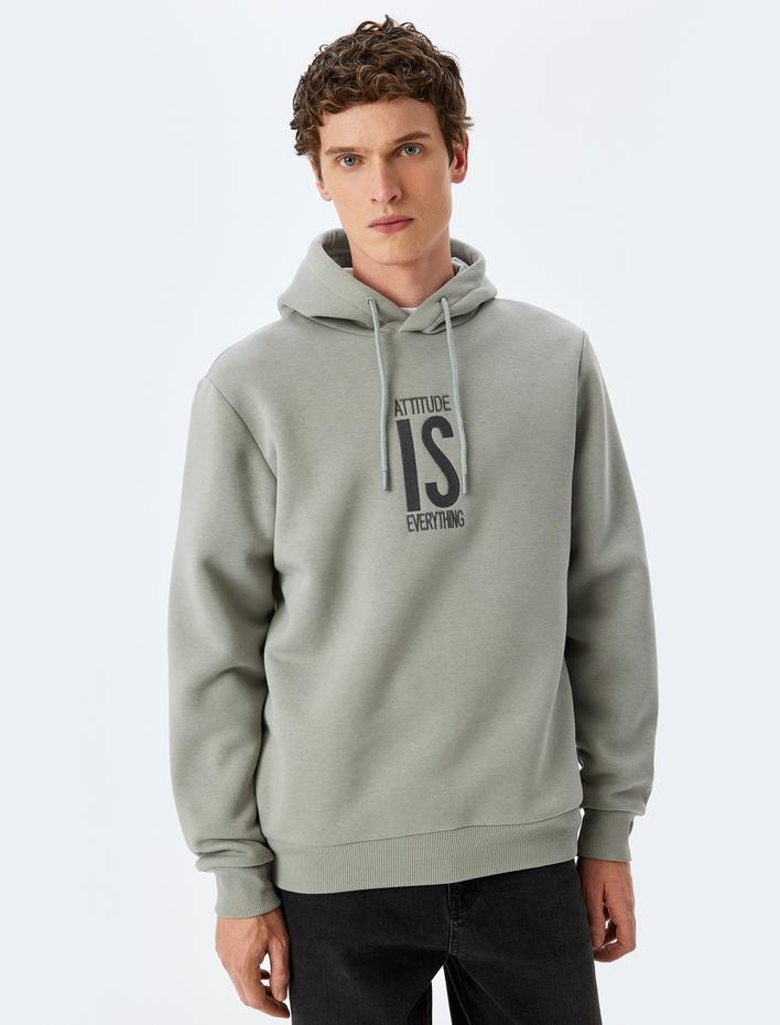  Pamuk Karışımlı Şardonlu Slogan İşlemeli Kapşonlu Sweatshirt