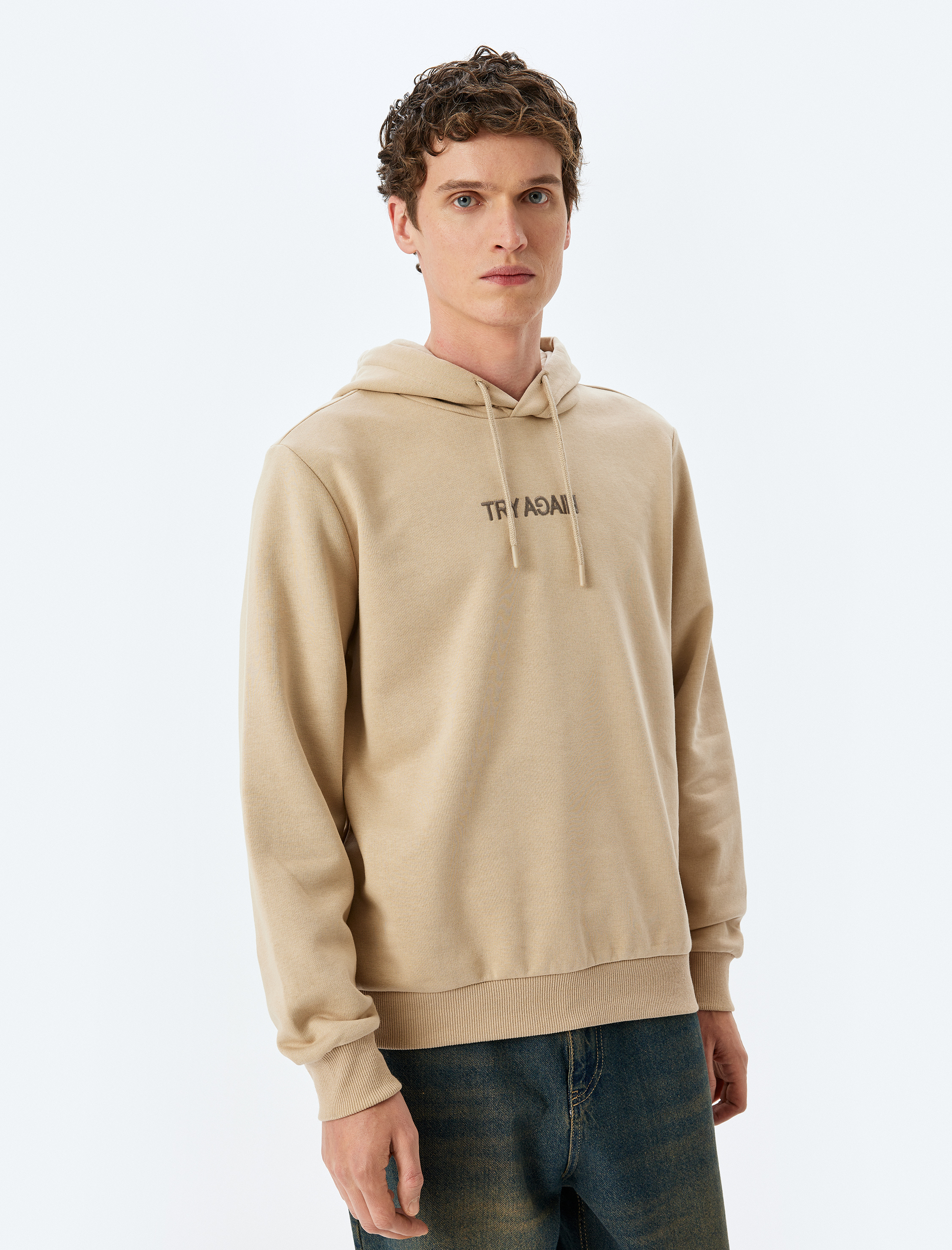   Slogan Baskılı Pamuklu Şardonlu Kapşonlu Sweatshirt