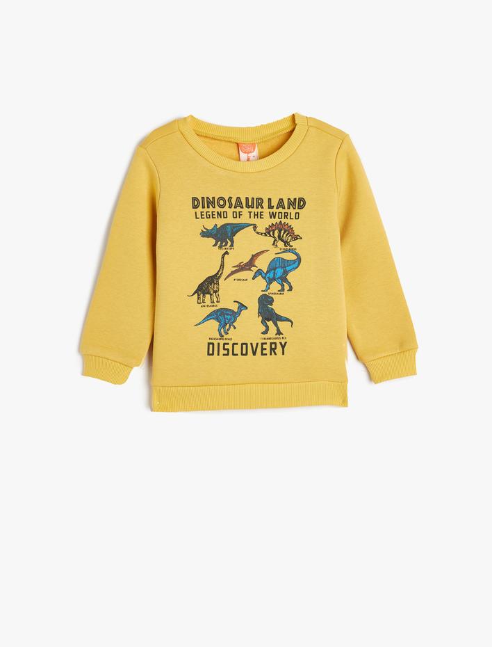 Erkek Bebek Dinozor Baskılı Uzun Kollu Pamuklu Sweatshirt Şardonlu