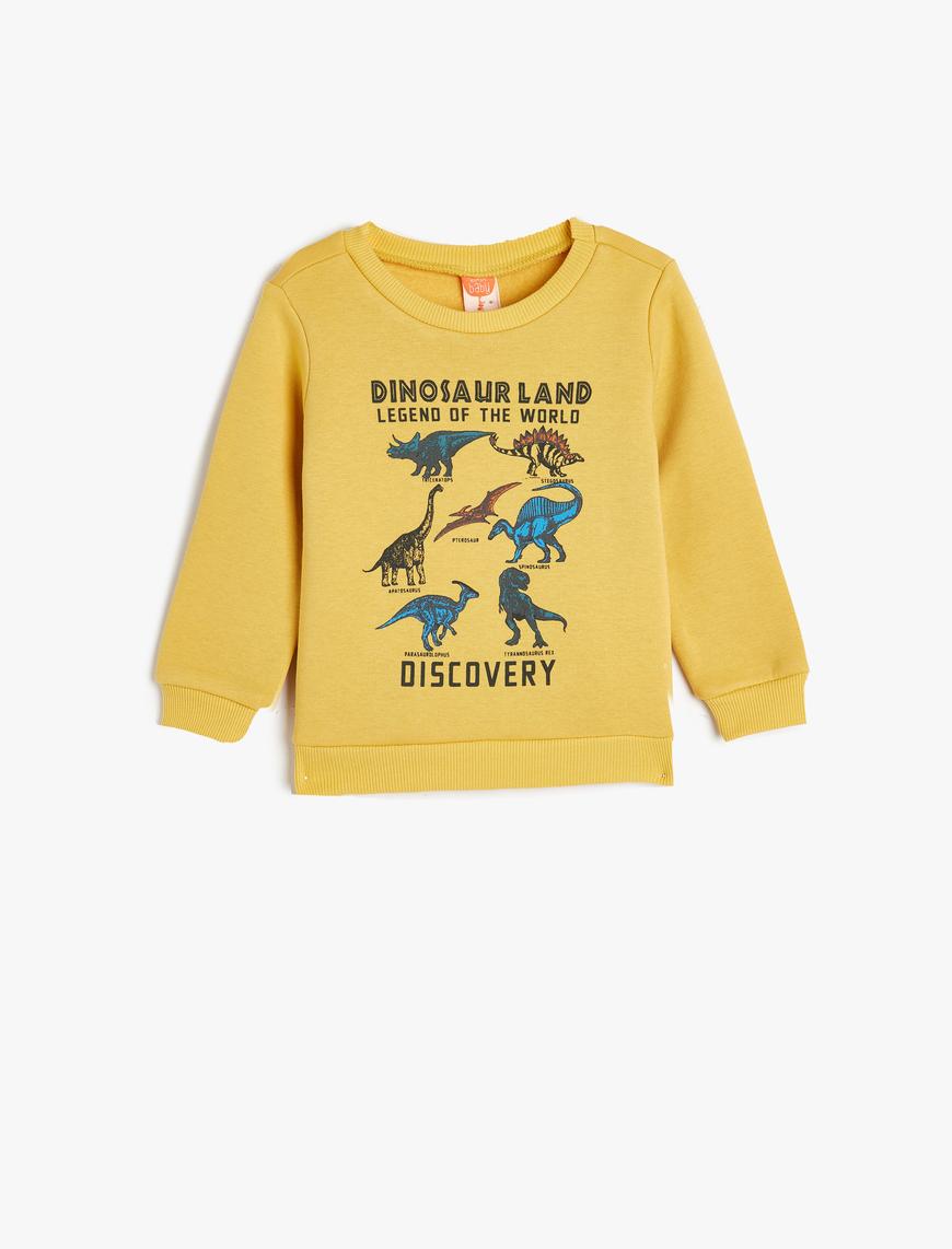  Erkek Bebek Dinozor Baskılı Uzun Kollu Pamuklu Sweatshirt Şardonlu