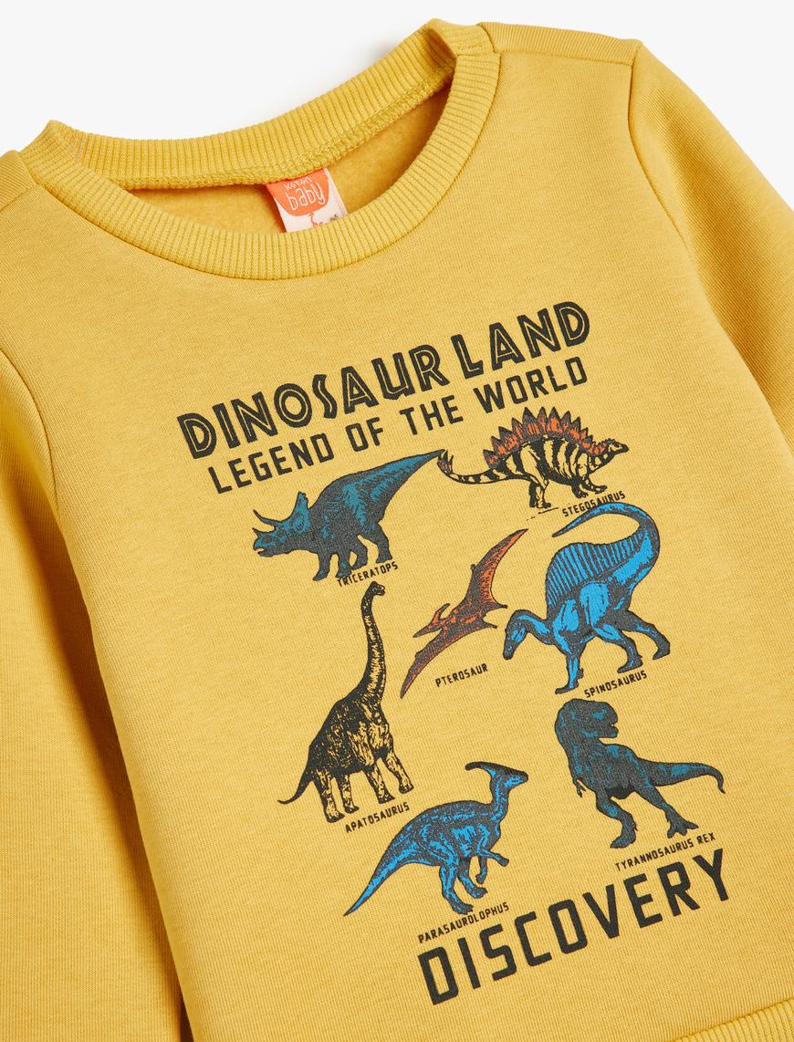  Erkek Bebek Dinozor Baskılı Uzun Kollu Pamuklu Sweatshirt Şardonlu