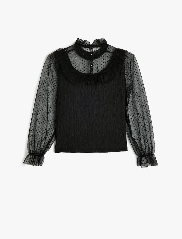 Kız Çocuk Bluz Balon Kollu Tül Detaylı Dik Yaka