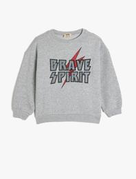 Slogan Baskılı Uzun Kollu Bisiklet Yaka Sweatshirt