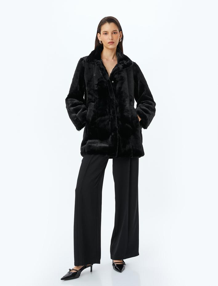  Cepli Dik Yaka Kruvaze Suni Kürk Kaban