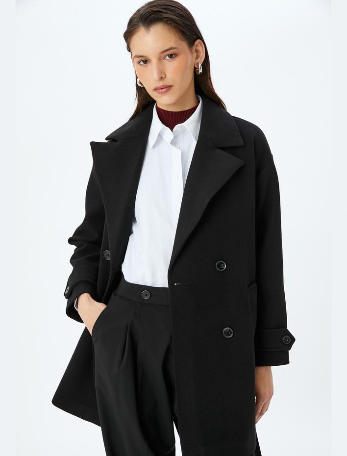  Düğmeli Cepli Kemerli Kruvaze Uzun Kaşe Kaban