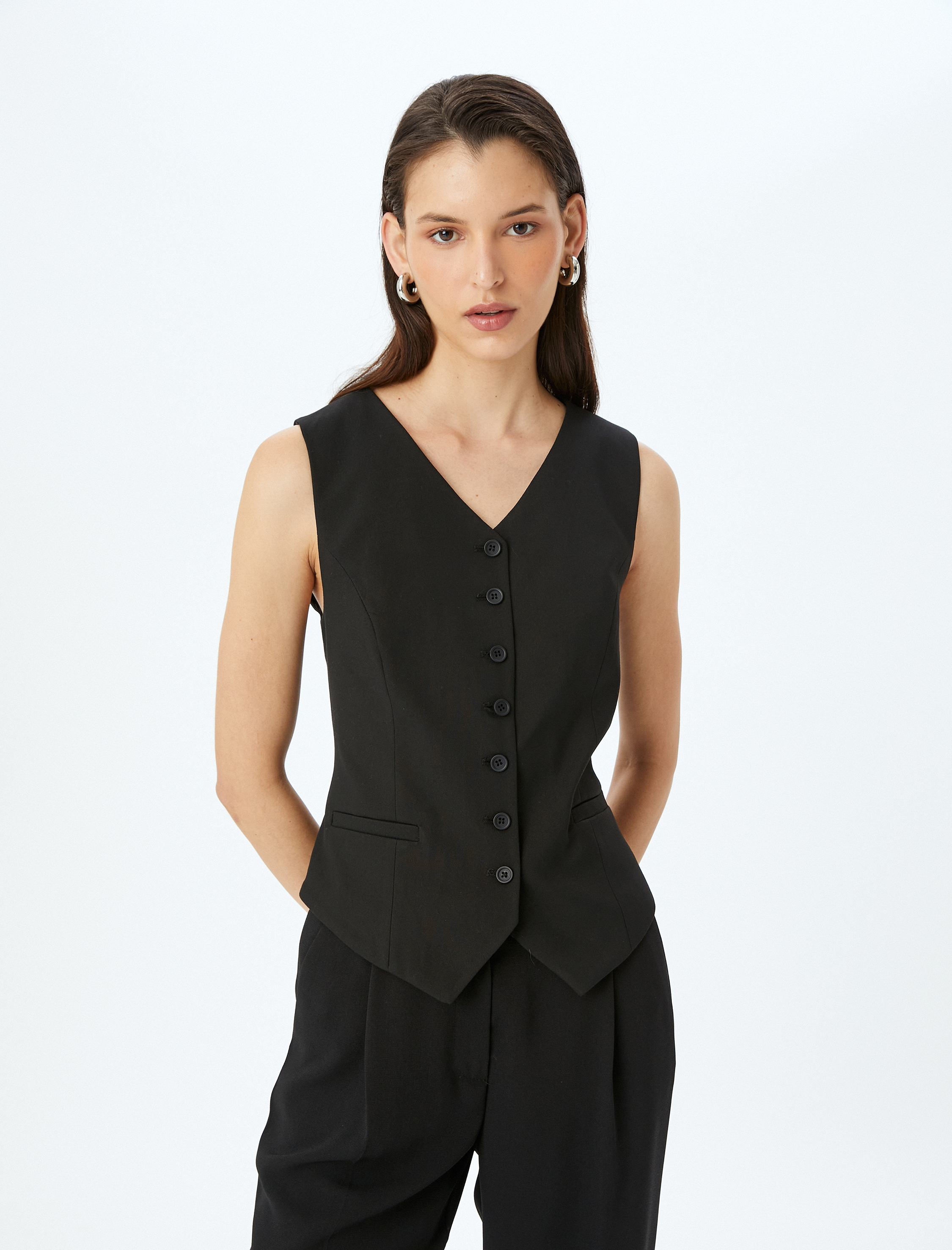 Kruvaze V Yaka Düğmeli Blazer Yelek