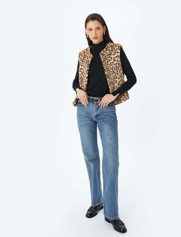  Yuvarlak Yaka Kolsuz Leopar Desenli Suni Kürk Yelek