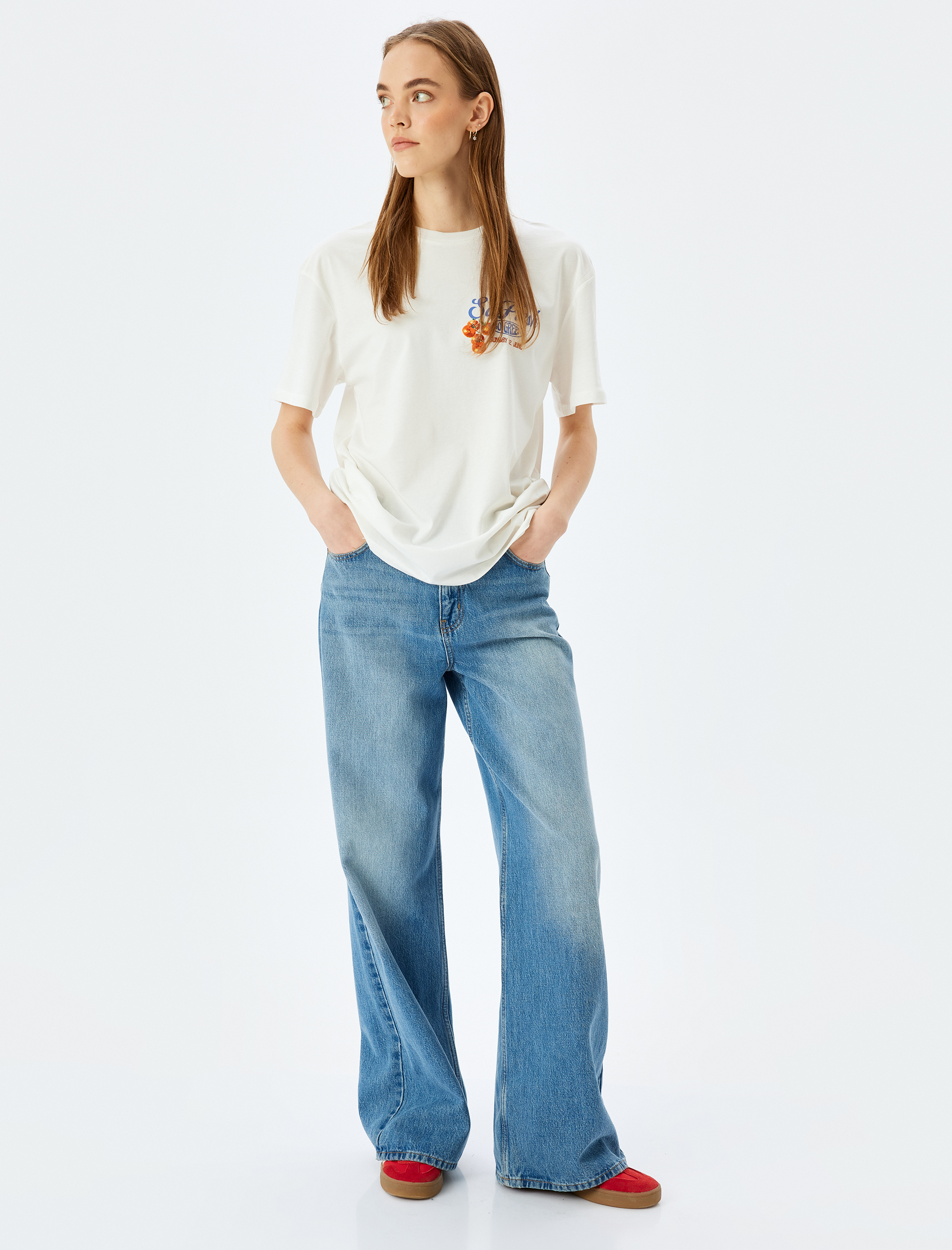   Arkası Meyve ve Sebze Baskılı Bisiklet Yaka Kısa Kollu Uzun Oversize Tişört