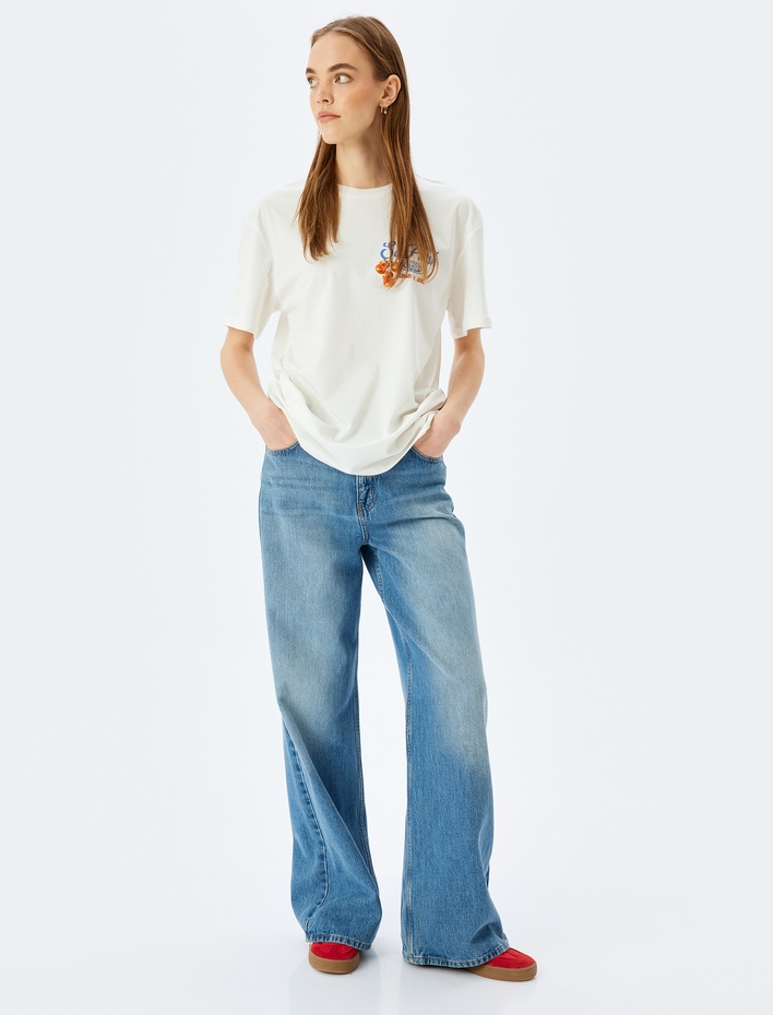  Arkası Meyve ve Sebze Baskılı Bisiklet Yaka Kısa Kollu Uzun Oversize Tişört