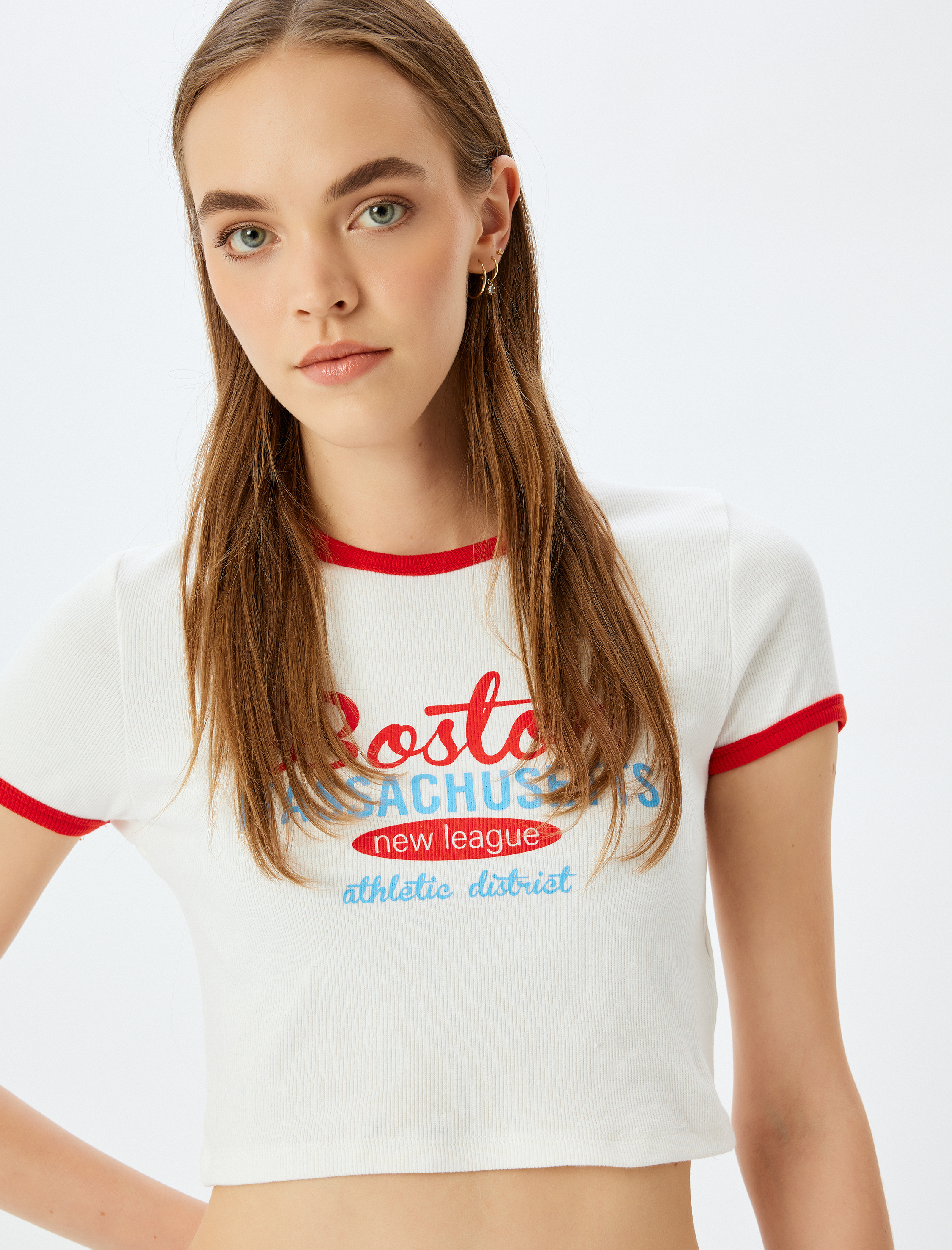   Baskılı Kısa Kollu Bisiklet Yaka Slim Fit Crop Kaşkorse Tişört