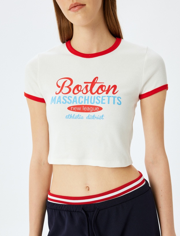 Baskılı Kısa Kollu Bisiklet Yaka Slim Fit Crop Kaşkorse Tişört_4