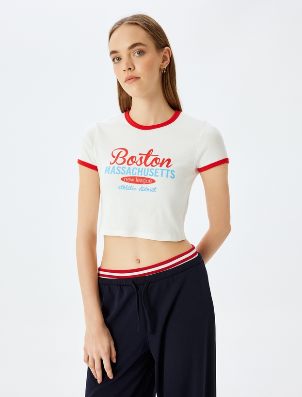 Baskılı Kısa Kollu Bisiklet Yaka Slim Fit Crop Kaşkorse Tişört_2