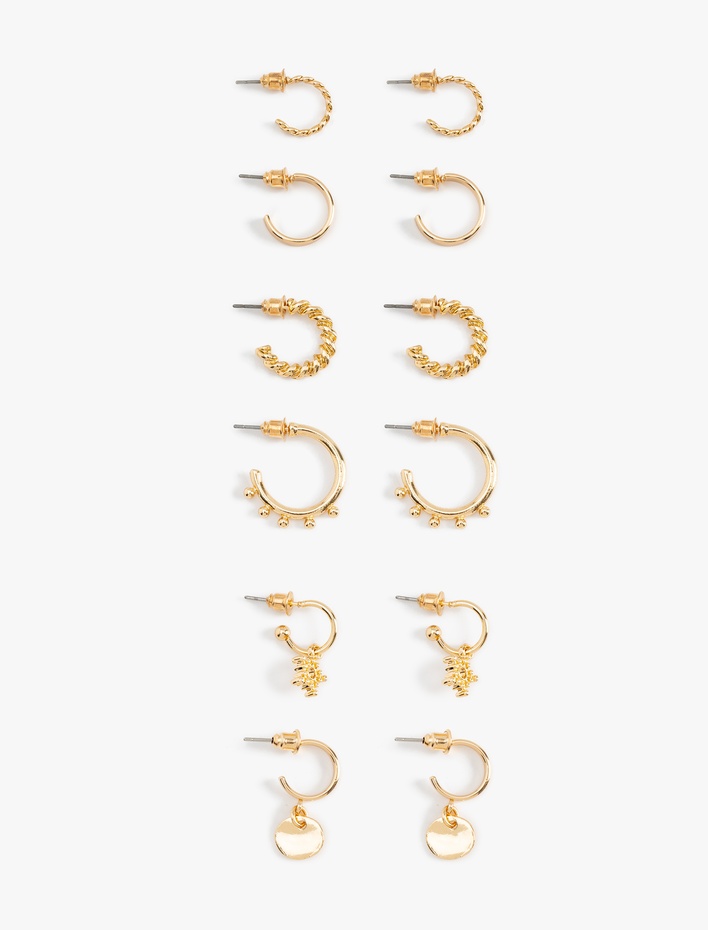 Kadın Çelik Burgu Charm Detaylı 6'lı Halka Küpe Seti