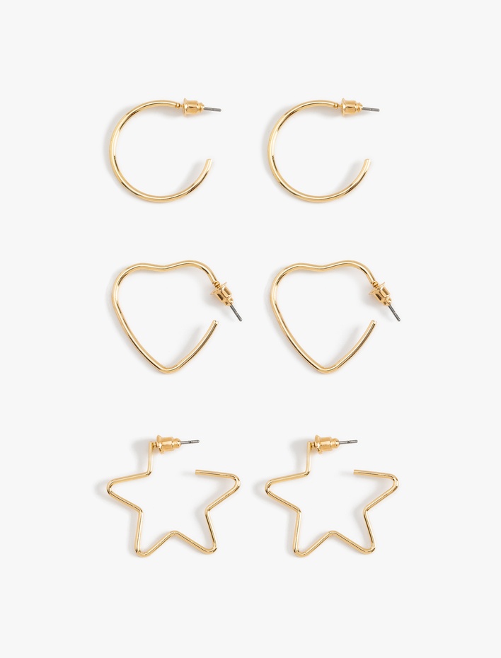 Kadın 3'lü Çelik Kalp Yıldız Şekilli Halka Küpe Seti