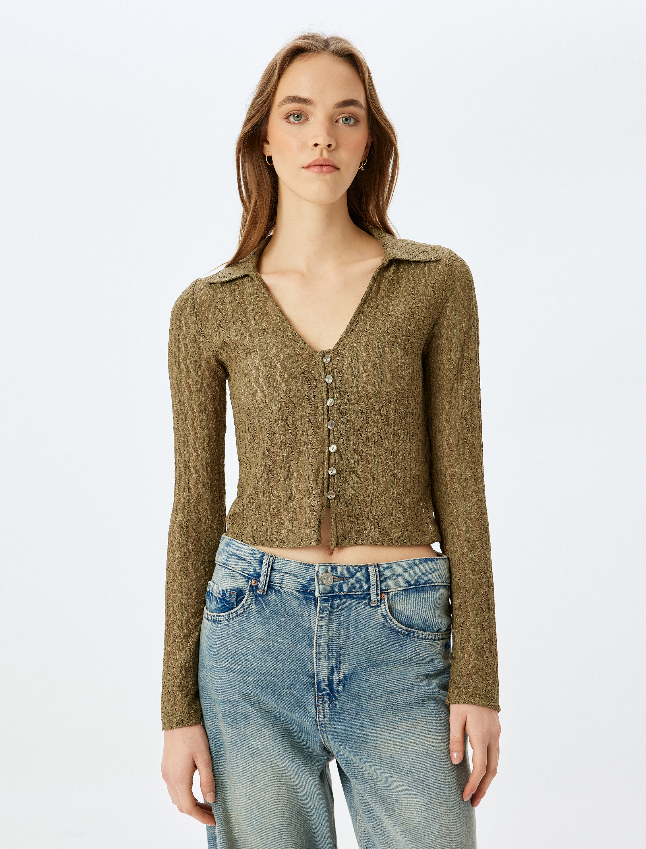   Polo Yaka Düğmeli Ajurlu Uzun Kollu Tişört