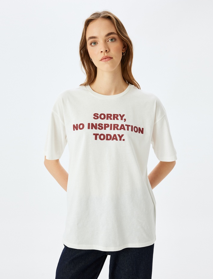  Slogan Baskılı Kısa Kollu Bisiklet Yaka Oversize Tişört