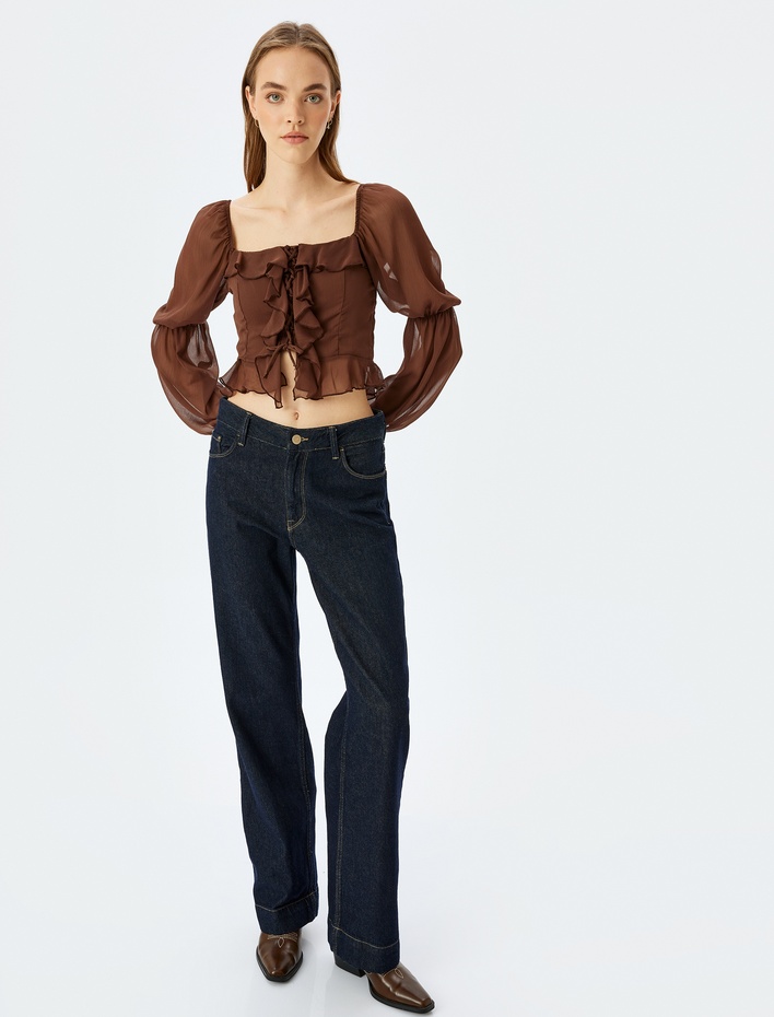  Uzun Kollu Fırfır Detaylı Bağcıklı Balon Kol Crop Şifon Bluz