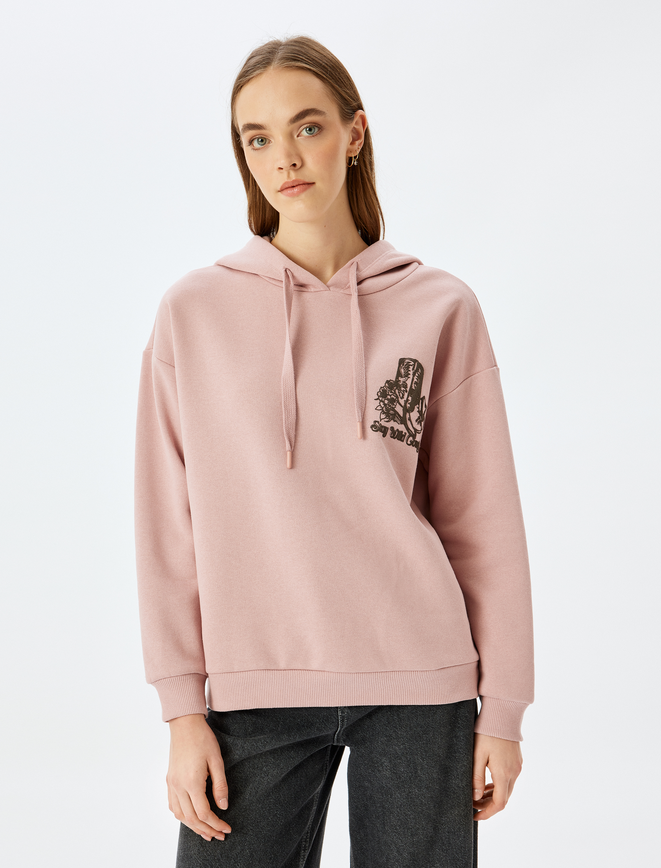   Arkası Baskılı Kapşonlu Şardonlu Oversize Sweatshirt