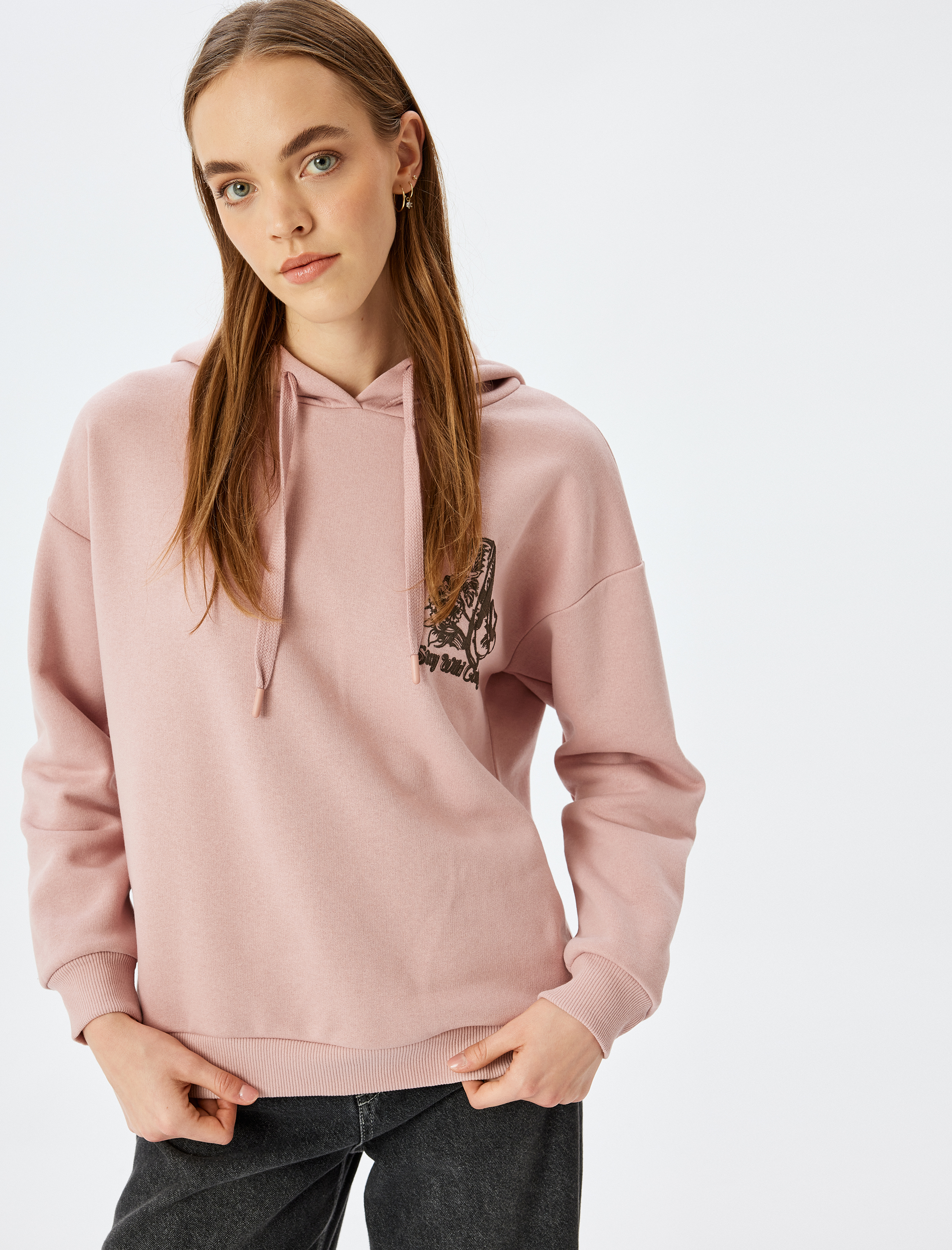   Arkası Baskılı Kapşonlu Şardonlu Oversize Sweatshirt