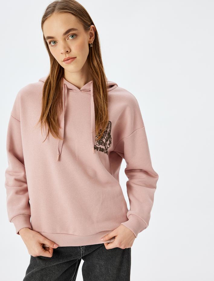  Arkası Baskılı Kapşonlu Şardonlu Oversize Sweatshirt
