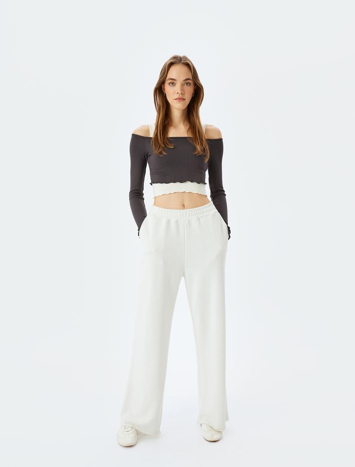  Uzun Kollu Atletli Kayık Yaka Crop Kaşkorse Slim Fit Tişört