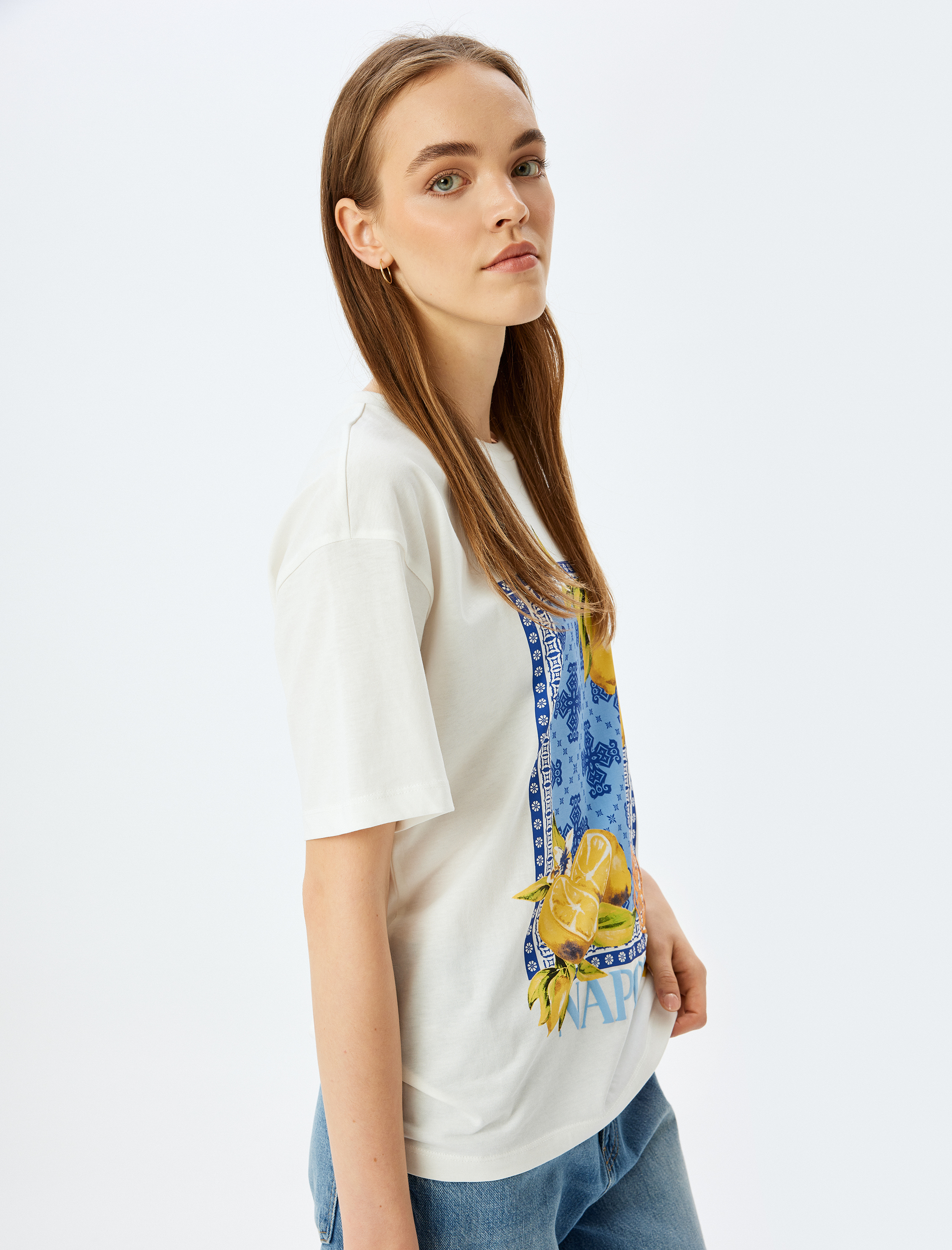   Kısa Kollu Bisiklet Yaka Limon Baskılı Oversize Tişört