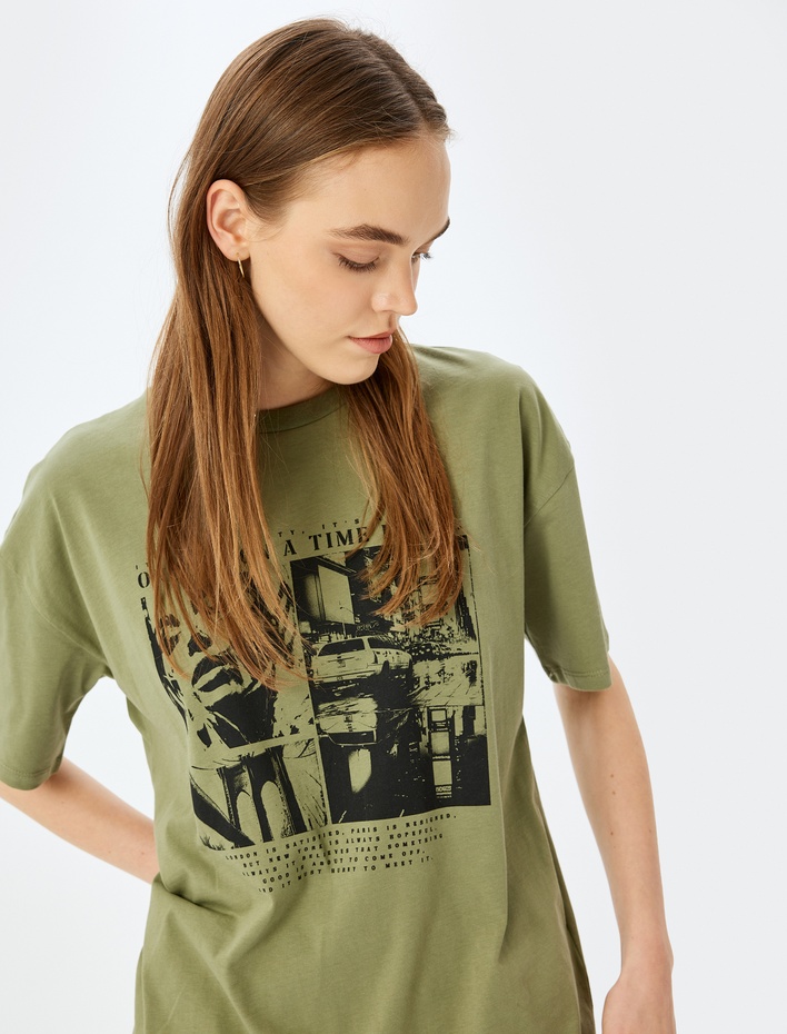  Slogan Baskılı Kısa Kollu Bisiklet Yaka Oversize Tişört