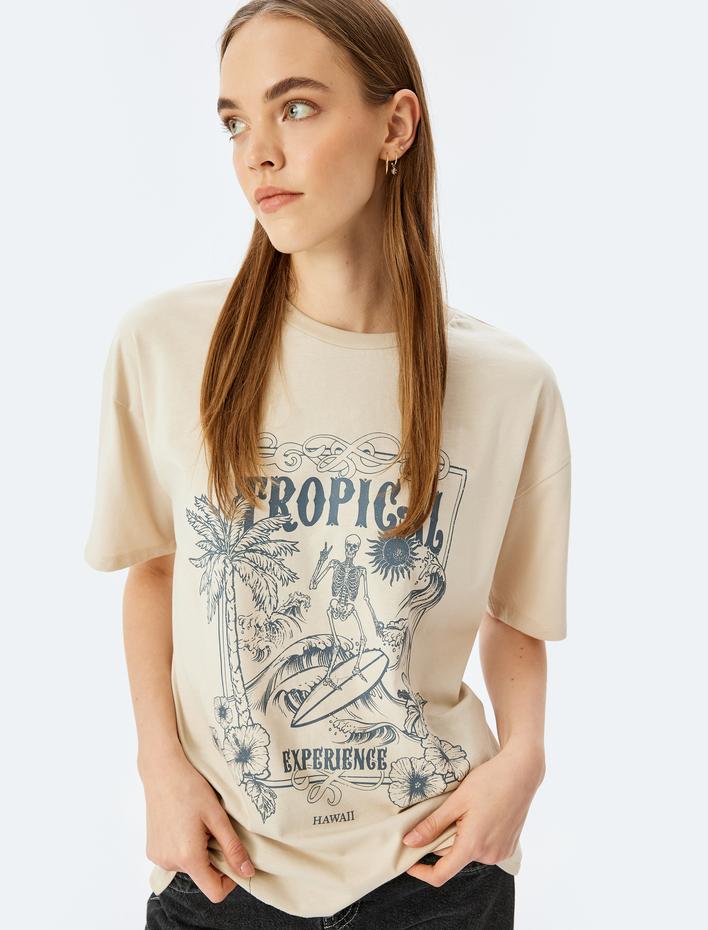  Slogan Baskılı Kısa Kollu Bisiklet Yaka Oversize Tişört