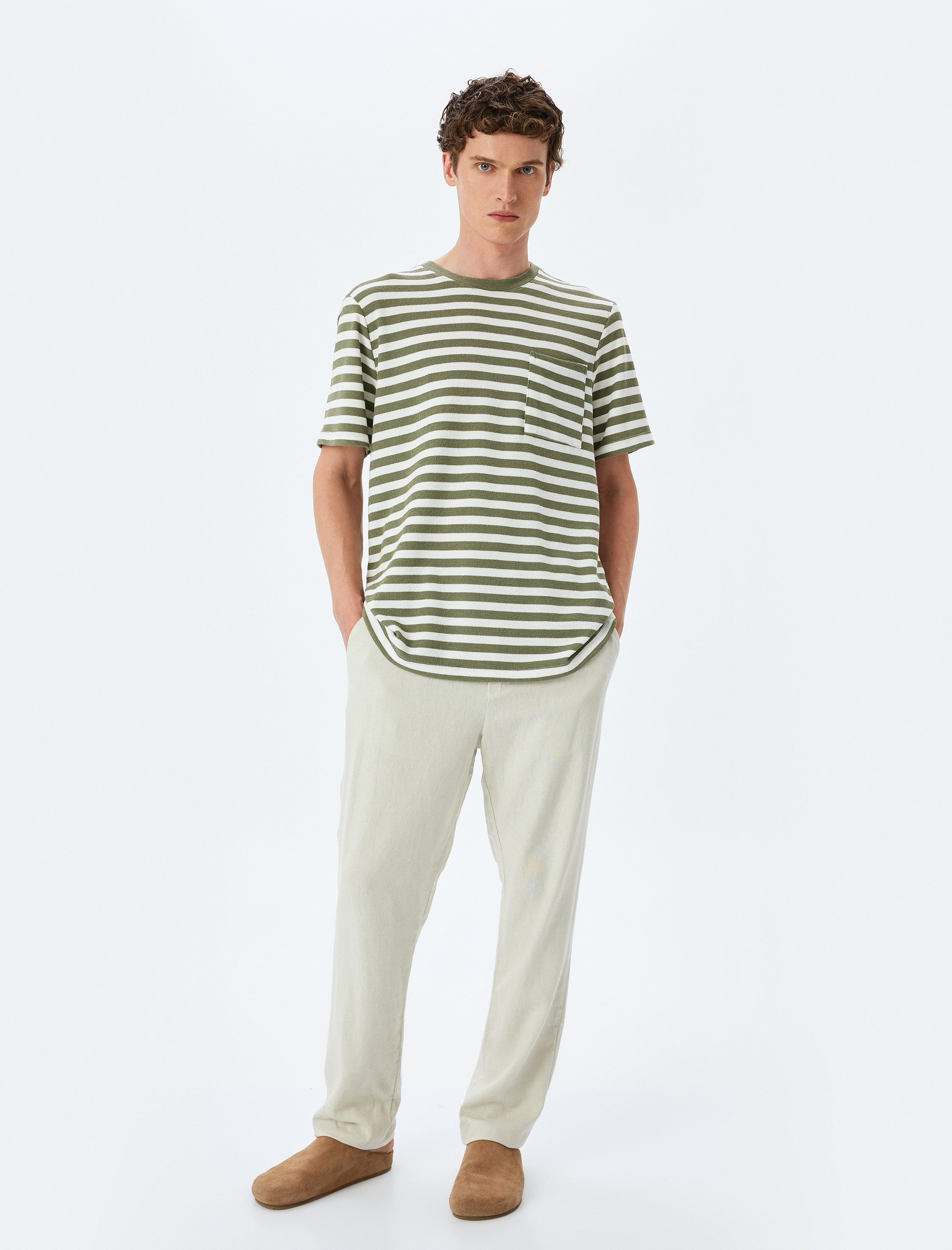   Bisiklet Yaka Regular Fit Cep Detaylı Tok Kumaş Viskon Karışımlı Kısa Kollu Çizgili Tişört