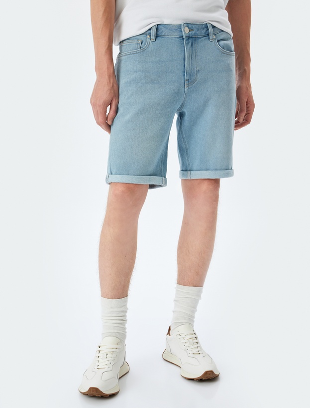 Bermuda Pamuklu Cep Detaylı Slim Fit Kot Şort_2