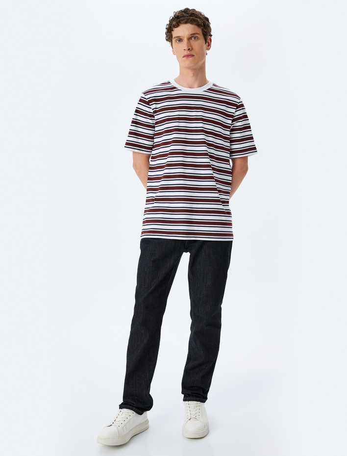  Bisiklet Yaka Regular Fit Kısa Kollu Pamuklu Çizgili Tişört