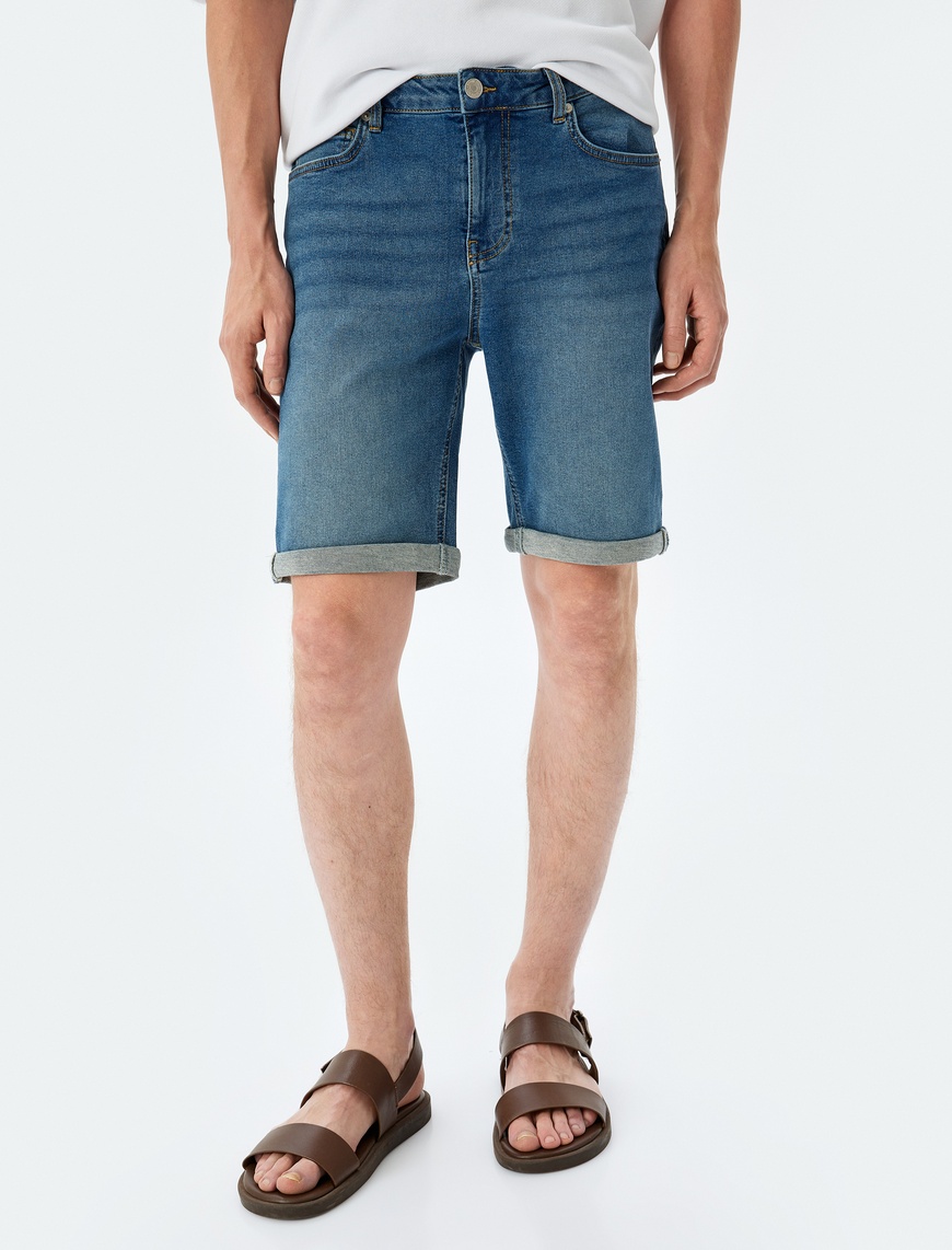   Bermuda Pamuklu Cep Detaylı Slim Fit Kot Şort