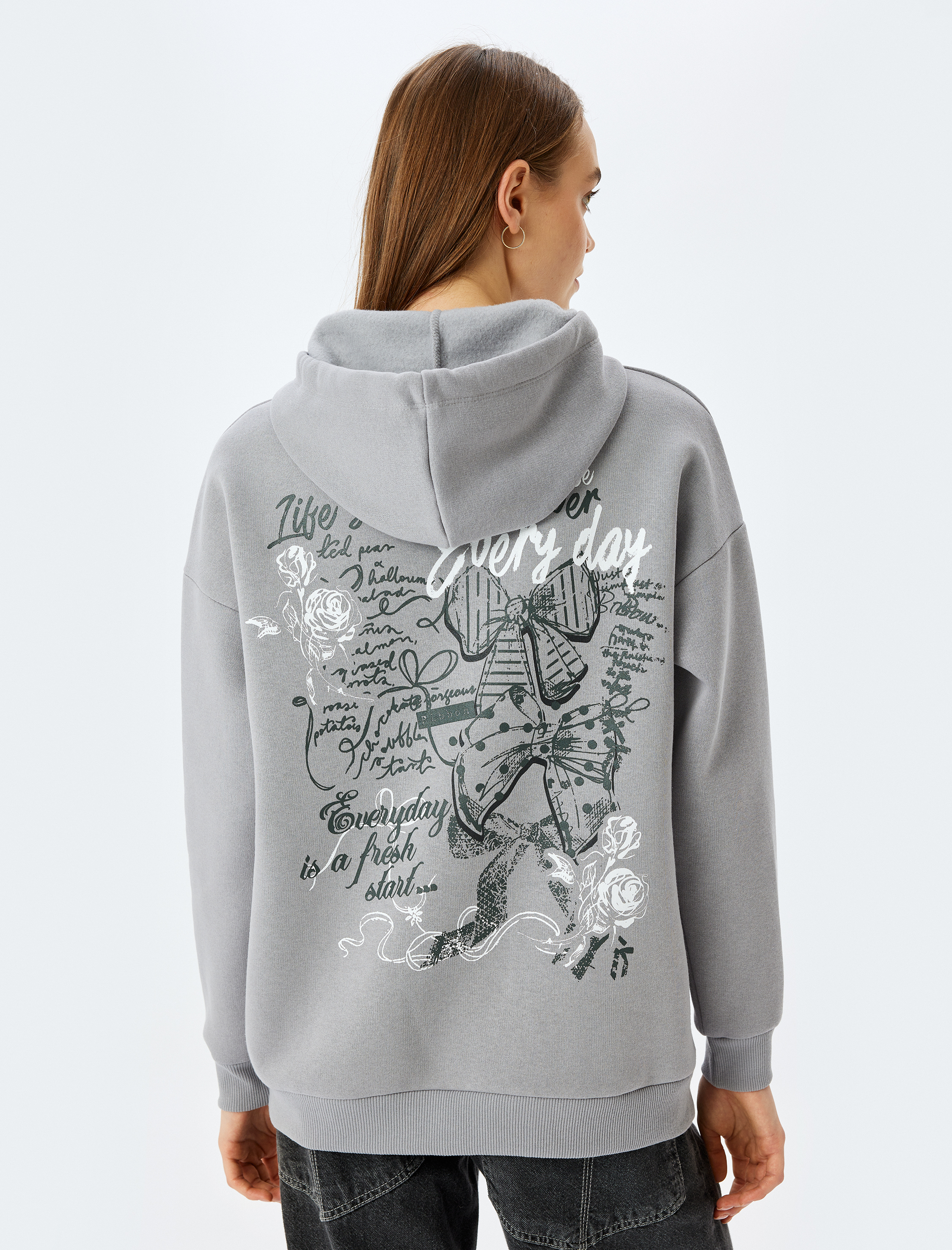   Şardonlu Arkası Baskılı Rahat Kalıp Kapüşonlu Sweatshirt