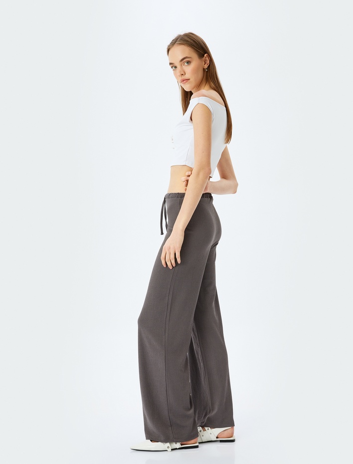  Beli Bağcıklı Yüksek Bel Bol Paça Bürümcük Rahat Kalıp Pantolon