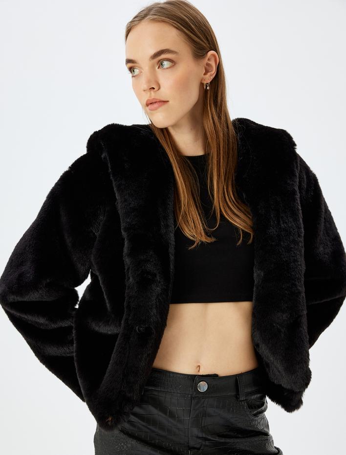  Kapşonlu Tek Düğmeli Astarlı Suni Kürk Crop Ceket