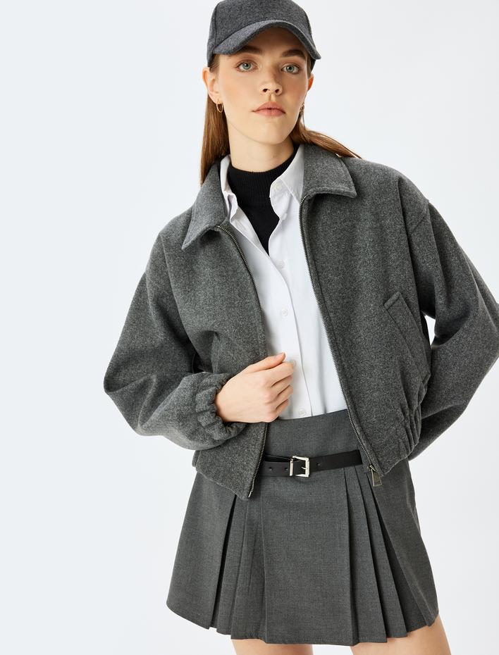  Klasik Yaka Fermuarlı Cep Detaylı Ribanalı Crop Ceket